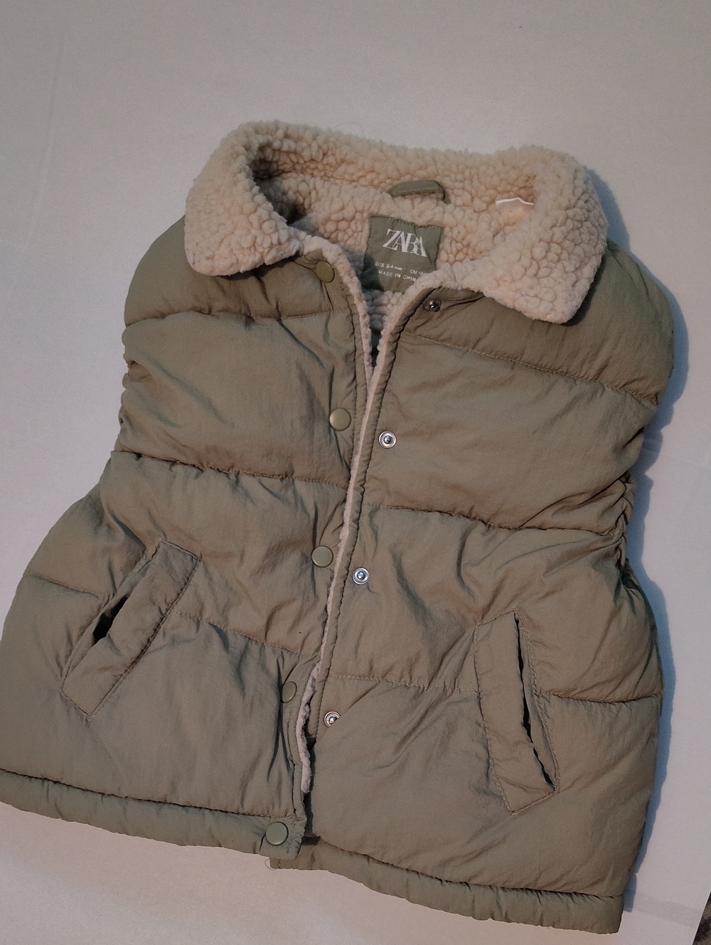 Zara Light Olive Puffer Vest with Sherpa Collar